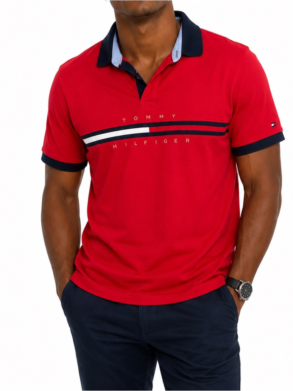 Tommy Hilfiger Men’s Red Logo Stripe Polo Shirt Navy Trim Size L